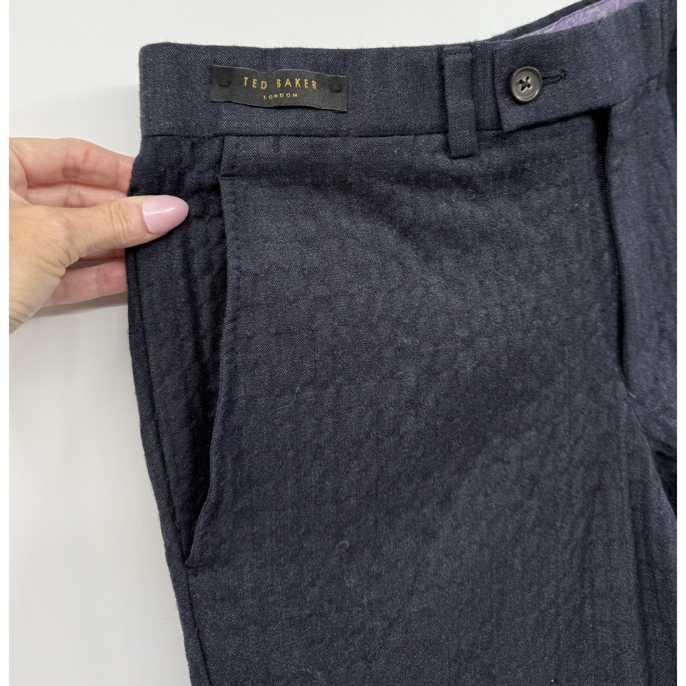 TED BAKER Livingstone Puckered Wool Navy Trouser Pants 33 X 30 Flat Front Preppy